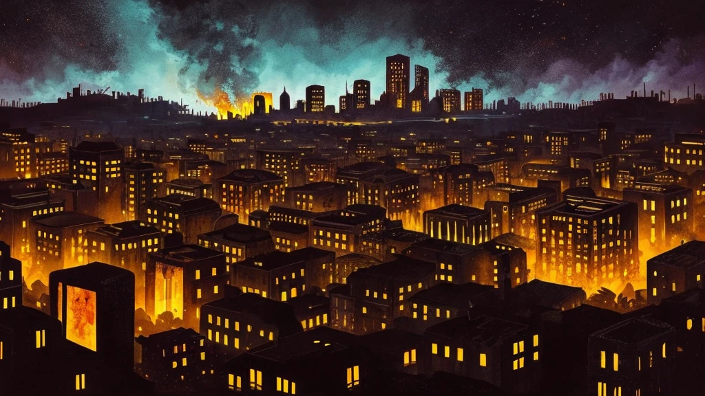 up close scene of ancient town of ruins, on fire, city destroyed, dark, post apocalyptic, artistic, city ruins in background, dark purples, reds, yellows, lots of active fire, abandoned town, burning, night time, really close up, in fire, gouache art style, painted, video game