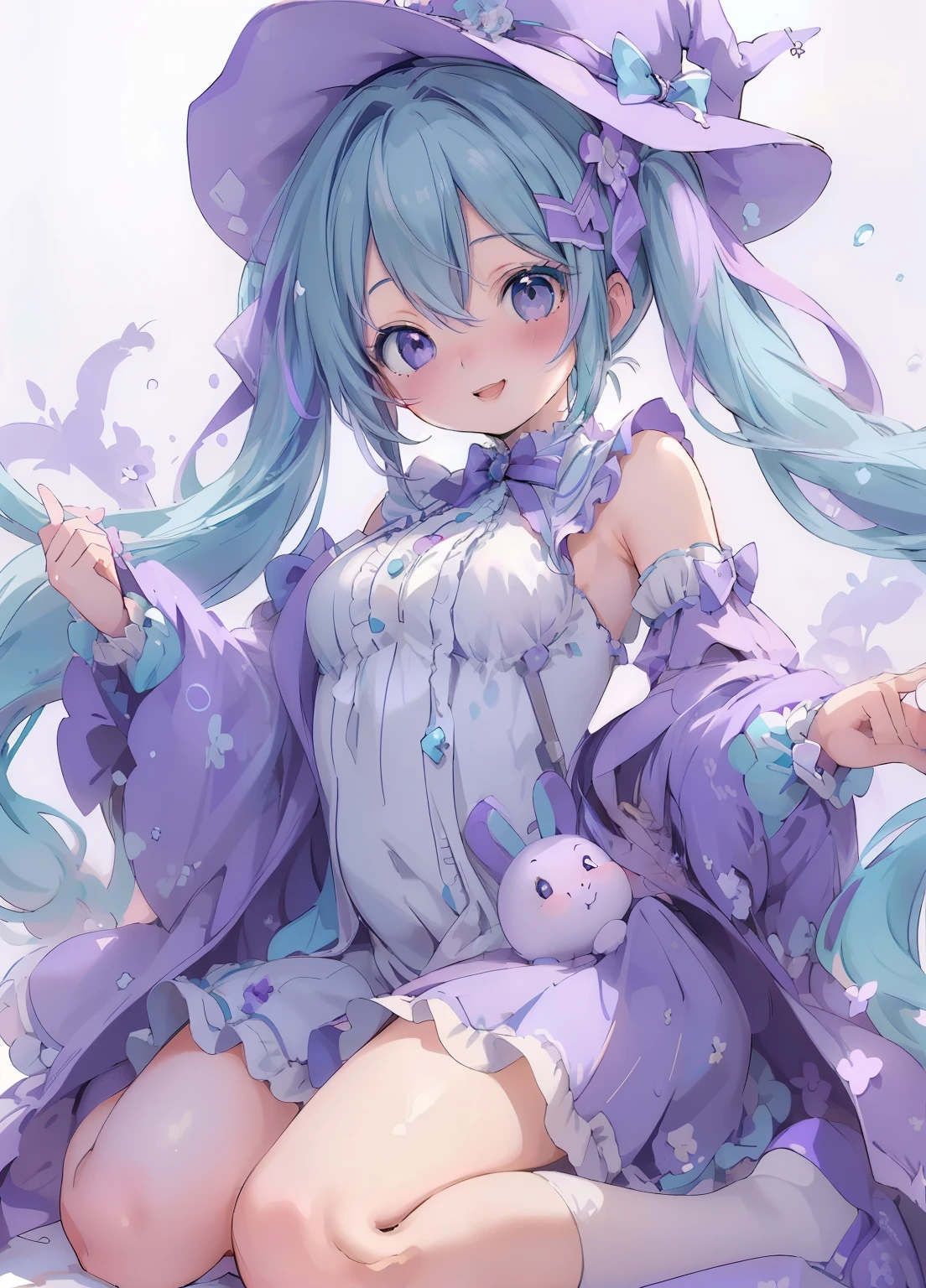 (masterpiece、Highest quality、Highest quality、Official Art、Beautiful and beautiful:1.2)、(One girl:1.3)Hatsune Miku、Twin tails,Beautiful breasts,Highest quality、One Girl、Whole Body Ezbian、Baby Face、Laughing with your mouth open、Cool、Cute eyes、Bunny ears、Purple Wizard Clothes、huge 、purple wizard hat、