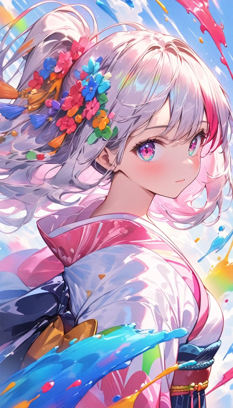 (Pink fashion T-Camisa,:1.9),(Colorful hair:1.8),(Rainbow all colors:1.8),((((Vertical painting:1.6))),(painterly:1.6),front side,comic,illustration,painterly,with big eyes,Crystal clear,(Iridescent gradient high ponytail:1.7),elaborate makeup,closed Mouth,(Small fresh:1.5),long lashes,White shoulder T- Camisa,, White Shoulder Shirt,looking at the viewers,watery big eyes,(rainbow color Hair:1.6), Color Splash, (solo:1.8), Color Splash, Color explosion, Color Splash, Color explosion, Thick lacquer style,Messy lines,((Shiny,)) ,(colorful,,), Thick Paint Style, (Splash) (Color Splash), Vertical Painting, upper body, Paint Splash, Acrylic Pigment, Gradient, Paint, Highest Image Quality, the highest picture quality, Masterpiece, Solo, depth offield, Face Paint, colorful clothes, (elegence: 1.2), Ornate, long haired, aeolian, (elegence: 1.3), (petaled: 1.4),(((master masterpiece))),(((the best quality t))),((ultra Detailed)),(illustartion),(Dynamic Angle),((floating)),(painti),((Loose hair)),(solo),(1girl) , (( (Detailed anima face))),((Beautiful detailed face)),collars,Shoulders exposed,White Hair,((colourfel hair)),((streaked hair)),Beautiful detailed eyes,(Gradient eyes),(( (color eyes))),(((colorfully background))),(((high satur))),(((Surrounded by colorful splashes))),(Hanfu), full body portrait