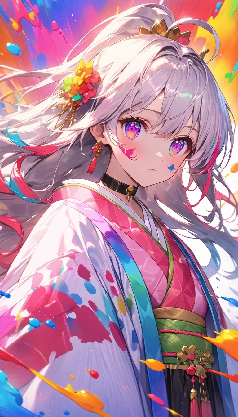 (Pink fashion T-Camisa,:1.9),(Colorful hair:1.8),(Rainbow all colors:1.8),((((Vertical painting:1.6))),(painterly:1.6),front side,comic,illustration,painterly,with big eyes,Crystal clear,(Iridescent gradient high ponytail:1.7),elaborate makeup,closed Mouth,(Small fresh:1.5),long lashes,White shoulder T- Camisa,, White Shoulder Shirt,looking at the viewers,watery big eyes,(rainbow color Hair:1.6), Color Splash, (solo:1.8), Color Splash, Color explosion, Color Splash, Color explosion, Thick lacquer style,Messy lines,((Shiny,)) ,(colorful,,), Thick Paint Style, (Splash) (Color Splash), Vertical Painting, upper body, Paint Splash, Acrylic Pigment, Gradient, Paint, Highest Image Quality, the highest picture quality, Masterpiece, Solo, depth offield, Face Paint, colorful clothes, (elegence: 1.2), Ornate, long haired, aeolian, (elegence: 1.3), (petaled: 1.4),(((master masterpiece))),(((the best quality t))),((ultra Detailed)),(illustartion),(Dynamic Angle),((floating)),(painti),((Loose hair)),(solo),(1girl) , (( (Detailed anima face))),((Beautiful detailed face)),collars,Shoulders exposed,White Hair,((colourfel hair)),((streaked hair)),Beautiful detailed eyes,(Gradient eyes),(( (color eyes))),(((colorfully background))),(((high satur))),(((Surrounded by colorful splashes))),(Hanfu), full body portrait