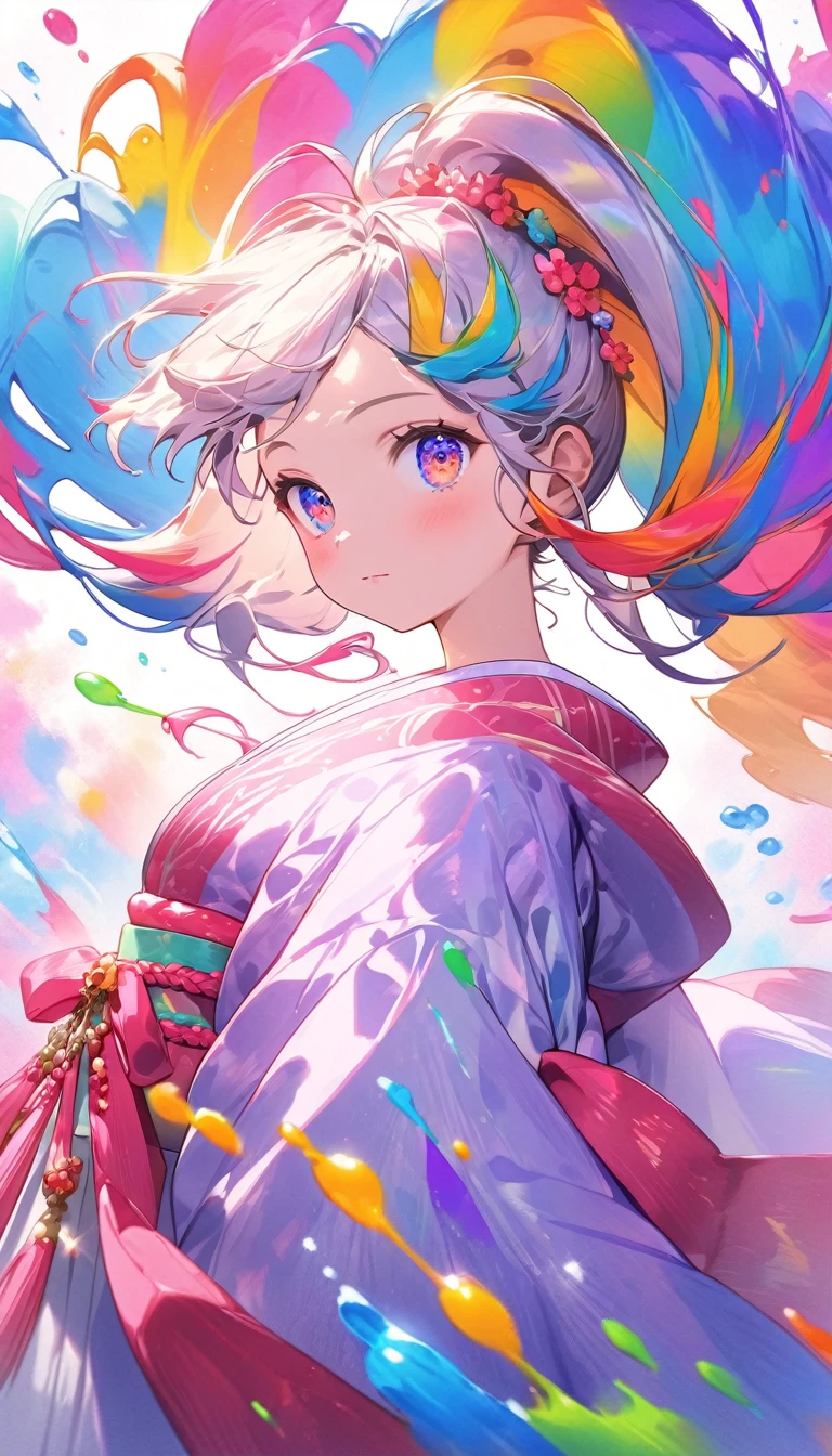 (Pink fashion T-Camisa,:1.9),(Colorful hair:1.8),(Rainbow all colors:1.8),((((Vertical painting:1.6))),(painterly:1.6),front side,comic,illustration,painterly,with big eyes,Crystal clear,(Iridescent gradient high ponytail:1.7),elaborate makeup,closed Mouth,(Small fresh:1.5),long lashes,White shoulder T- Camisa,, White Shoulder Shirt,looking at the viewers,watery big eyes,(rainbow color Hair:1.6), Color Splash, (solo:1.8), Color Splash, Color explosion, Color Splash, Color explosion, Thick lacquer style,Messy lines,((Shiny,)) ,(colorful,,), Thick Paint Style, (Splash) (Color Splash), Vertical Painting, upper body, Paint Splash, Acrylic Pigment, Gradient, Paint, Highest Image Quality, the highest picture quality, Masterpiece, Solo, depth offield, Face Paint, colorful clothes, (elegence: 1.2), Ornate, long haired, aeolian, (elegence: 1.3), (petaled: 1.4),(((master masterpiece))),(((the best quality t))),((ultra Detailed)),(illustartion),(Dynamic Angle),((floating)),(painti),((Loose hair)),(solo),(1girl) , (( (Detailed anima face))),((Beautiful detailed face)),collars,Shoulders exposed,White Hair,((colourfel hair)),((streaked hair)),Beautiful detailed eyes,(Gradient eyes),(( (color eyes))),(((colorfully background))),(((high satur))),(((Surrounded by colorful splashes))),(Hanfu), full body portrait