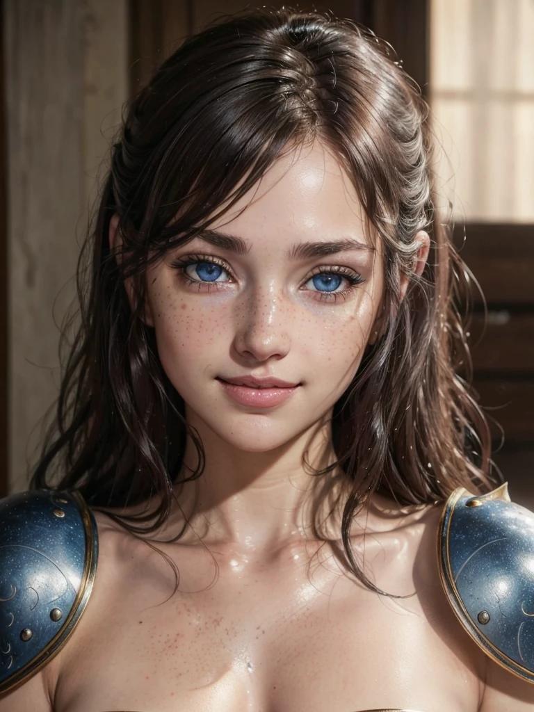  high resolution, pale skin, freckled, brunette ,1teen, with blue eyes, blushing cheeks, wavy hair, good mood, naked, as a fantasy warrior, sexy armor , photorealistic , 8K ,HDR