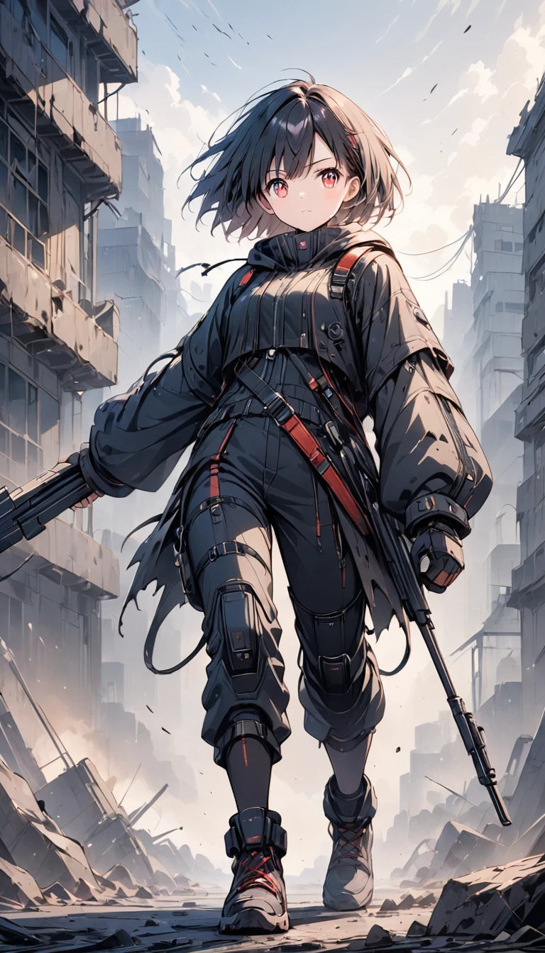 (Anime Style:1.4),超High resolution, Attention to detail, high quality, High resolution, 最high quality, 4K, 8k,A young female warrior wearing a high-tech black powered suit with red LEDs, Standing on rubble in a post-apocalyptic world, photorealistic Anime Style, short black bob hairstyle, Glowing red eyes, With a rifle in one hand, ((shabby, Severely damaged and frayed、Billowing Robe)), Confident and fierce look,cute