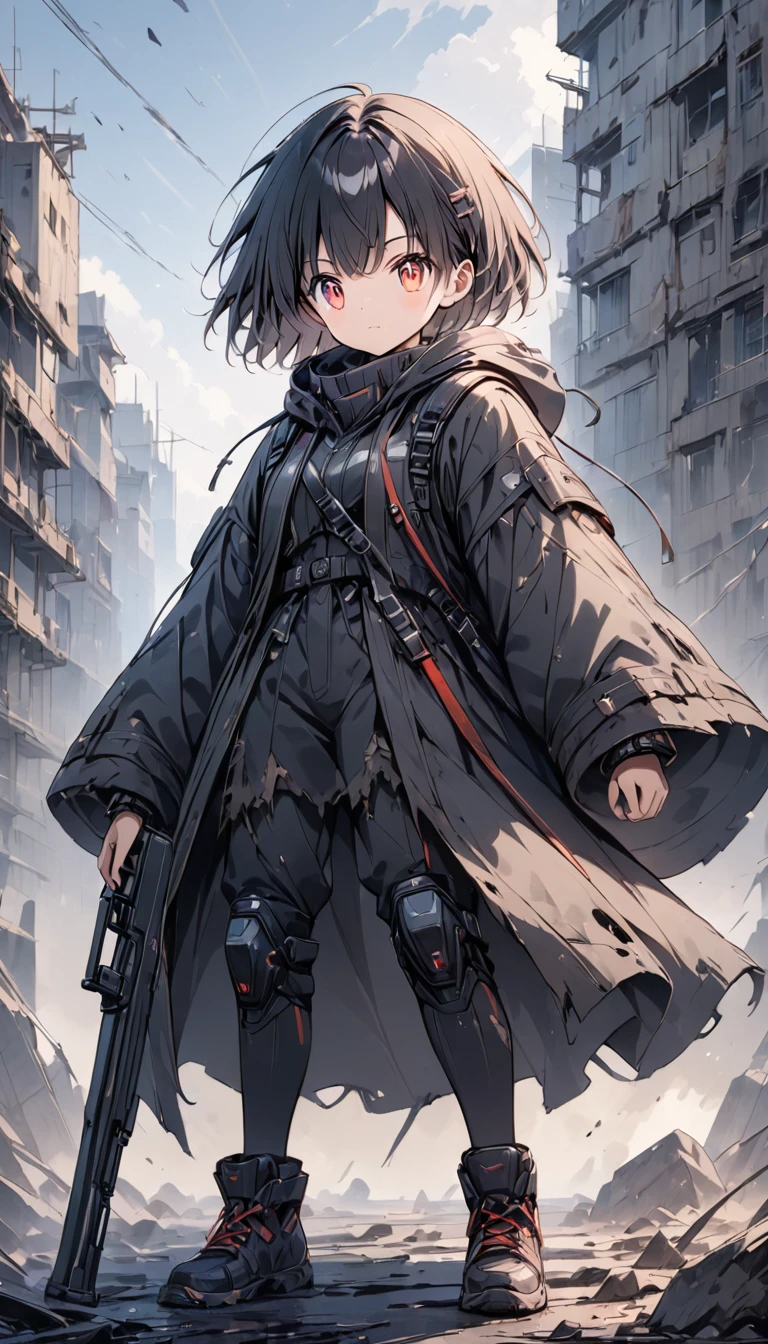 (Anime Style:1.4),超High resolution, Attention to detail, high quality, High resolution, 最high quality, 4K, 8k,A young female warrior wearing a high-tech black powered suit with red LEDs, Standing on rubble in a post-apocalyptic world, photorealistic Anime Style, short black bob hairstyle, Glowing red eyes, With a rifle in one hand, ((shabby, Severely damaged and frayed、Billowing Robe)), Confident and fierce look,cute