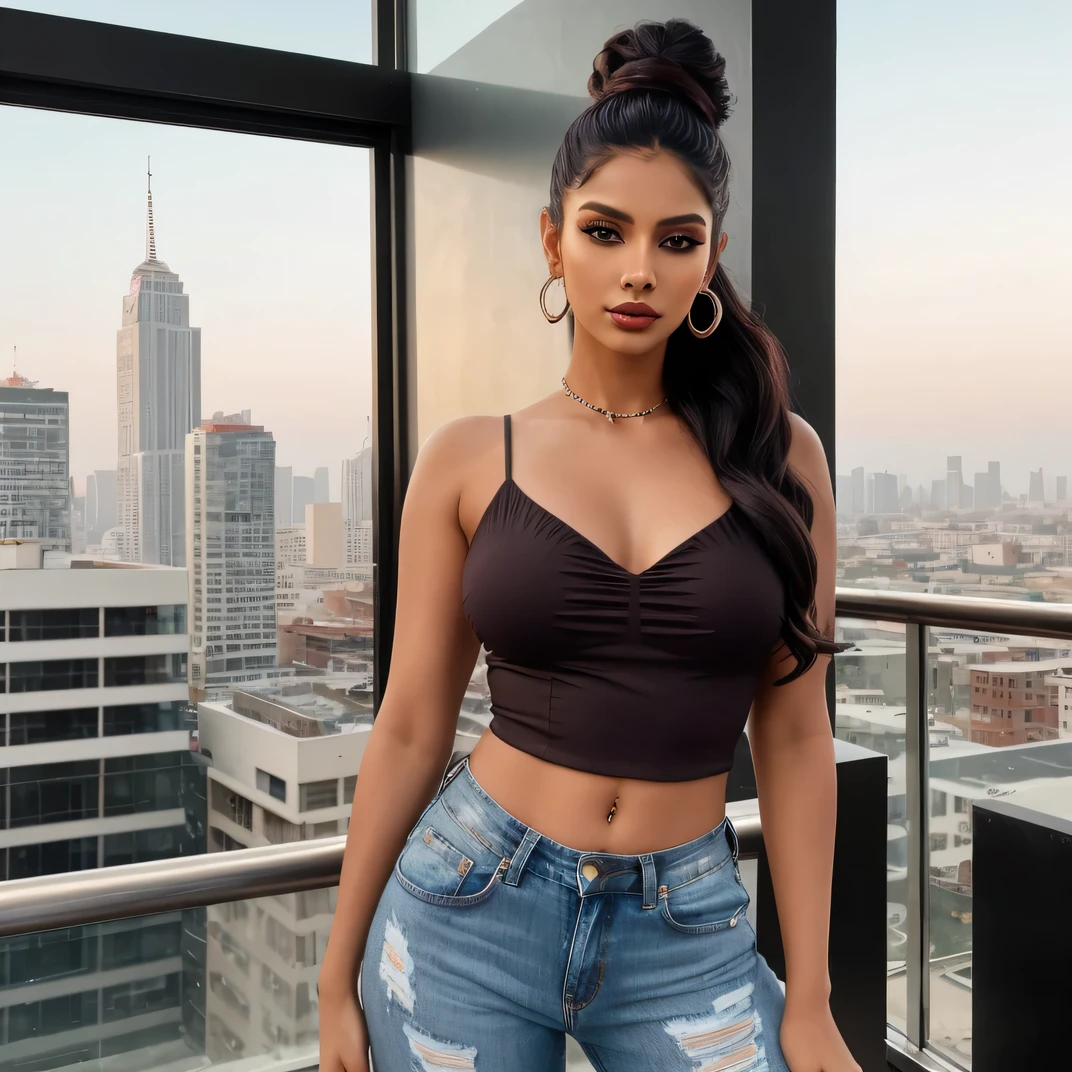 Create an ultra-realistic image of a modern, attractive female influencer of Indian descent, aged between 27 to 30. She should have a warm and inviting smile, expressive almond-shaped eyes with a slight shimmer, and clear, glowing skin with a medium brown complexion. Her features should be well-defined, with high cheekbones and a sharp jawline. Her hair should be long, thick, and styled in an intricate updo with curls and volume, colored in a deep, reddish-purple hue that’s bold yet sophisticated.
She should have a slender yet athletic build with an increased bust size (medium, 44-46 inches), reflecting a healthy and active lifestyle. She is wearing a black horizontal strip, 2 inches wide, covering only her nipples, while 99% of her bust is exposed. This is paired with high-waisted distressed jeans. Her look is completed with sleek, straightened hair.
The background should feature a trendy rooftop lounge with cityscape views at sunset, suggesting a chic and cosmopolitan atmosphere. Her overall appearance should exude confidence, approachability, and sophistication, capturing the essence of a contemporary Indian fashion influencer.