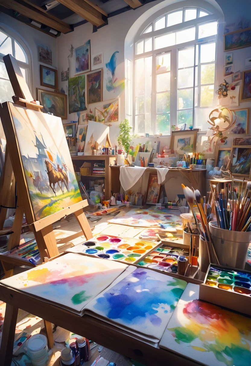 dutch angle, focus on the canvas, I am painting the Grimm fairy tale "The Bremen Town Musicians" on canvas, sunlight shines into a dimly lit room, the room is cluttered with art supplies, conceptual installation art, 2.5D, delicate and dynamic, fusion of watercolors and oil paintings, magic of vivid color shades and contrasts, gradation, foggy filter effects