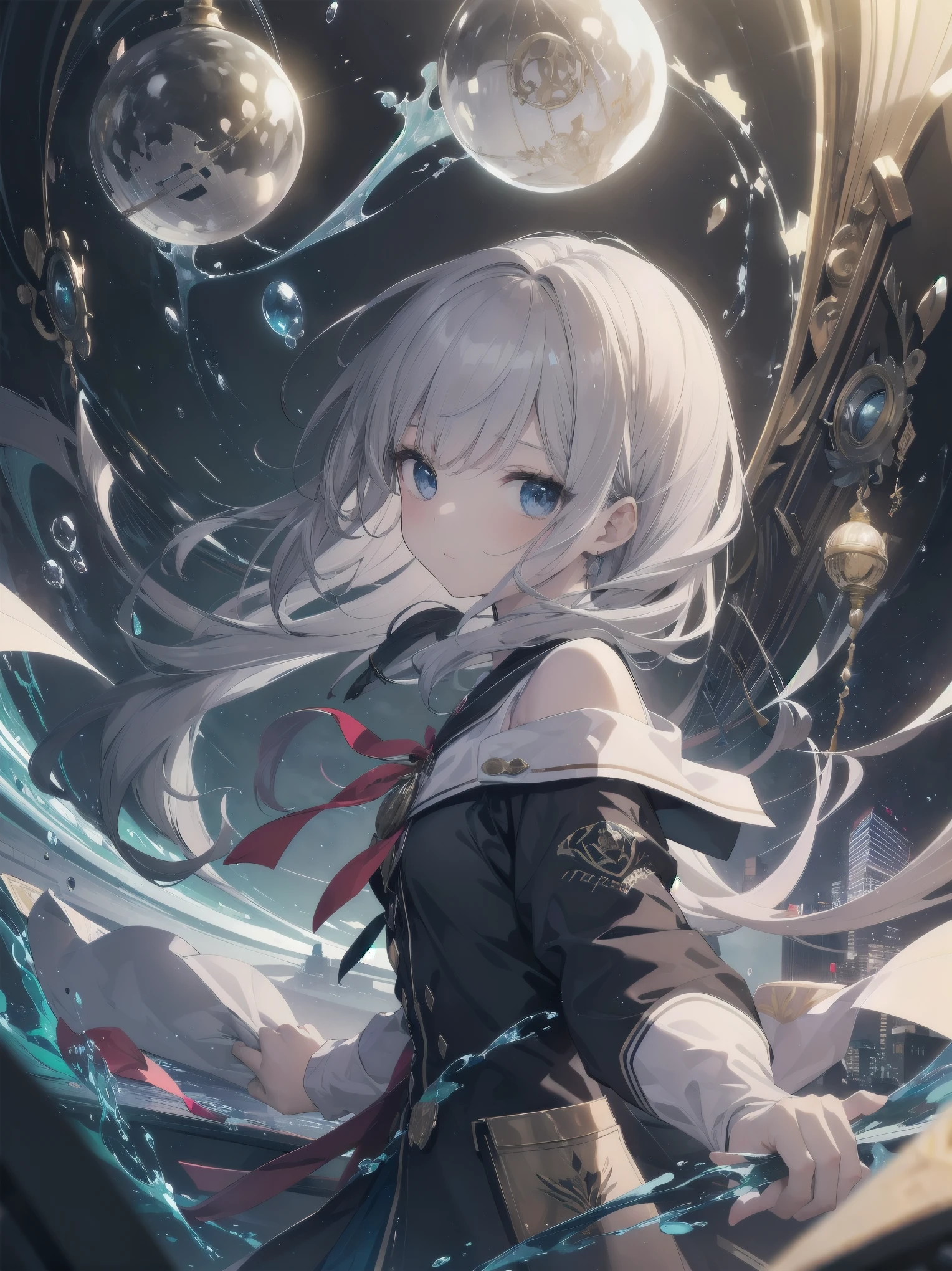 Masterpiece, illustration, high quality, 100 trillion ppi, high quality, dynamic angle, "student looking into silver sphere", silver sphere, looking into, curious, expectant, student, official art, super detail