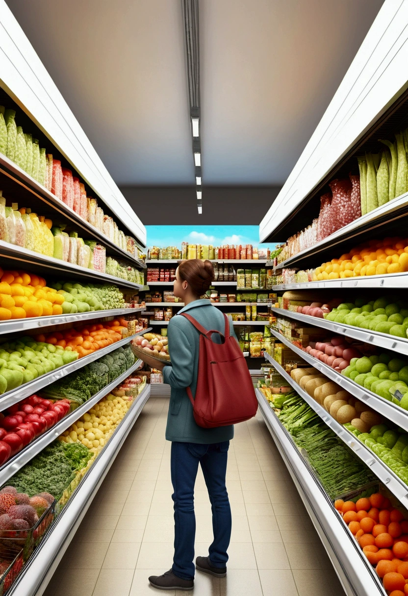 People selecting healthy foods in a realistic supermarket detailed and high resolution