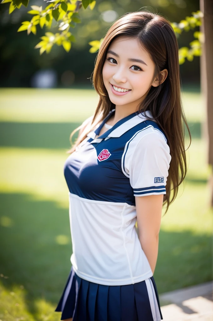 Pure young Japanese cheerleader girl, wearing summer uniforms, natural hair styles, impressive big brown eyes, no makeup, thick eyebrows, pure smile, refreshing in summer sunlight, feeling soft breeze in hair, sexual attractive, professional portrait photography, 