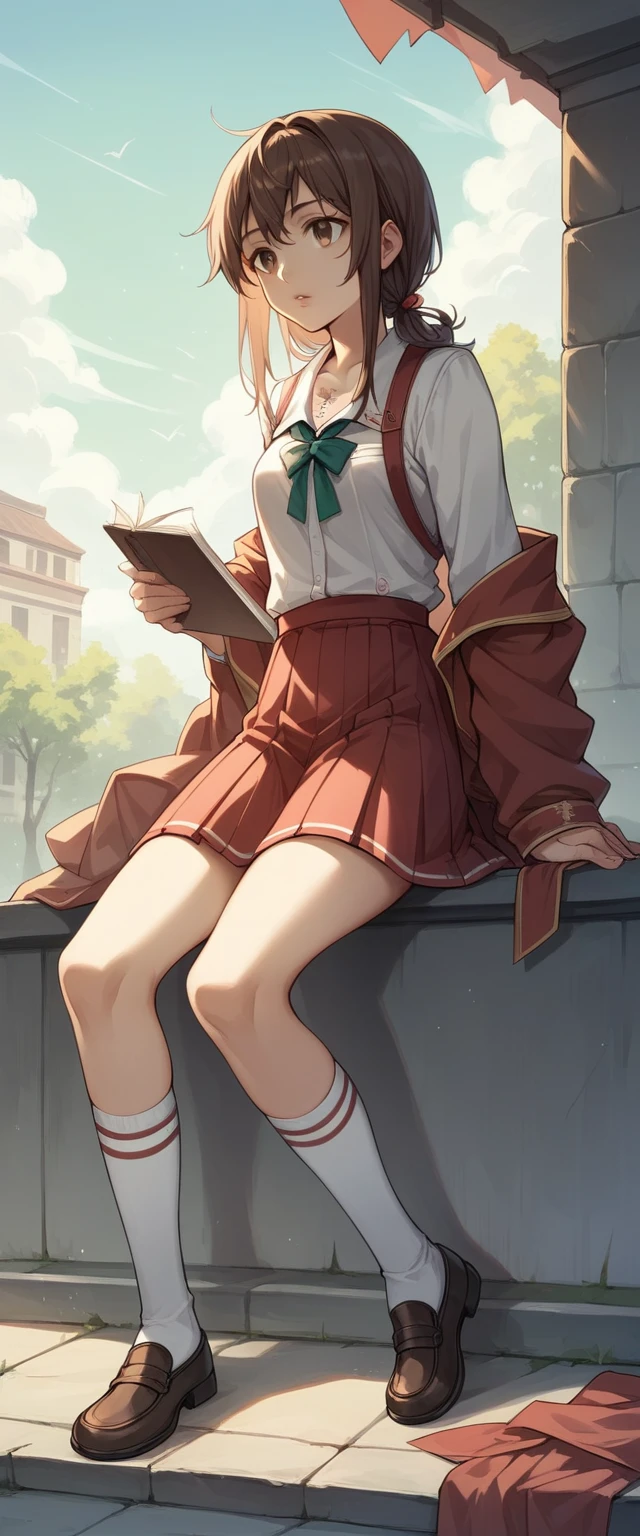 National Foundation,masterpiece, Top quality ï¼Œ ï¼Œ 1 girl, solitary, length_hair, Chest当て,White_, cleveage, Ventral_Tattoo, Brown_hair, Weaving, Knee socks,Brown_Eye, skirt,White_skirt, Black_Knee socks, Red_skirt, Separation_Lips, 前hair, Chest, skirt, cowboy_shooting,