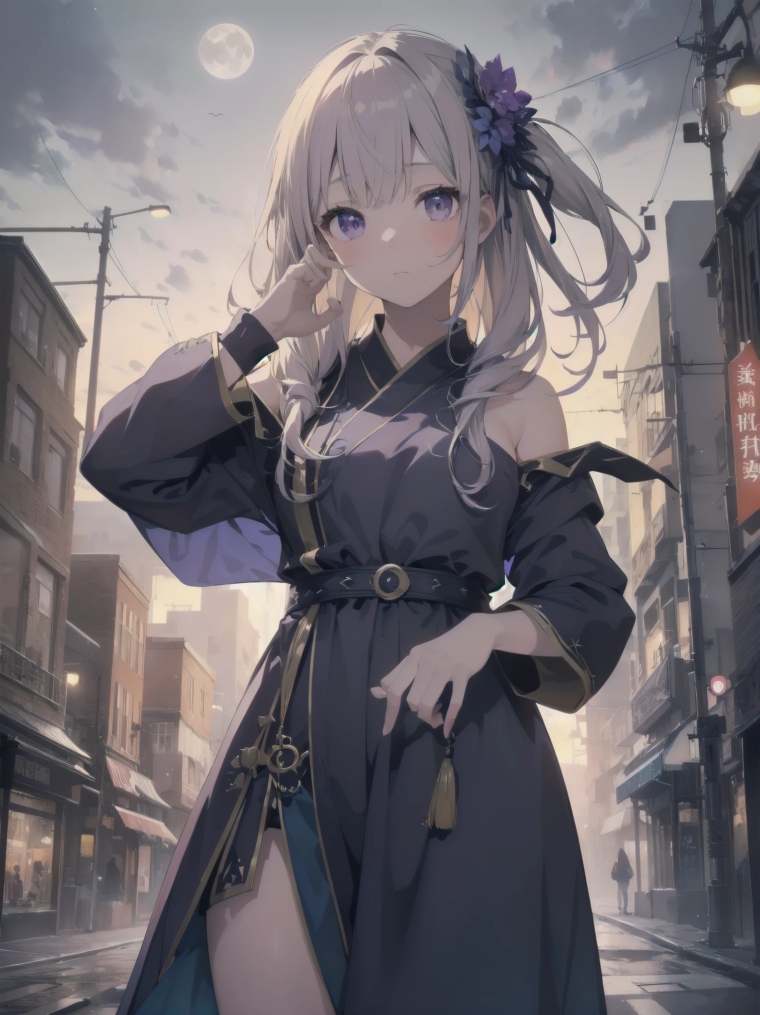 masterpiece, 8k, Highest quality, Very detailed, Purple & A beautiful girl in a blue magical robe with a moon motif、Close-up on the characters、(building, city、A dense fog of fluorescent particles、1800Era、Western style、Fiction、grow、Overwhelming、Detailed street)、A beautiful girl with a beautiful background and a super cute pose