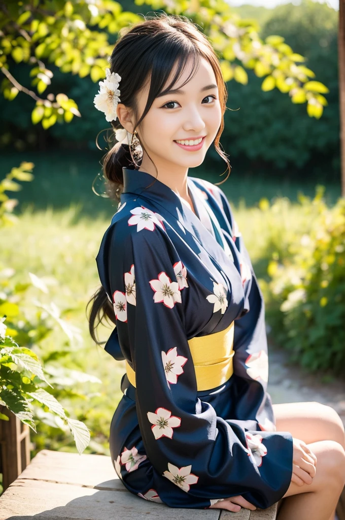 Pure young Japanese yukata girl, wearing traditional yukata, natural black hair styles, natural makeup, thick eyebrows, sweet smile, sitting, sexual attractive, refreshing in summer morning, professional portrait photography,