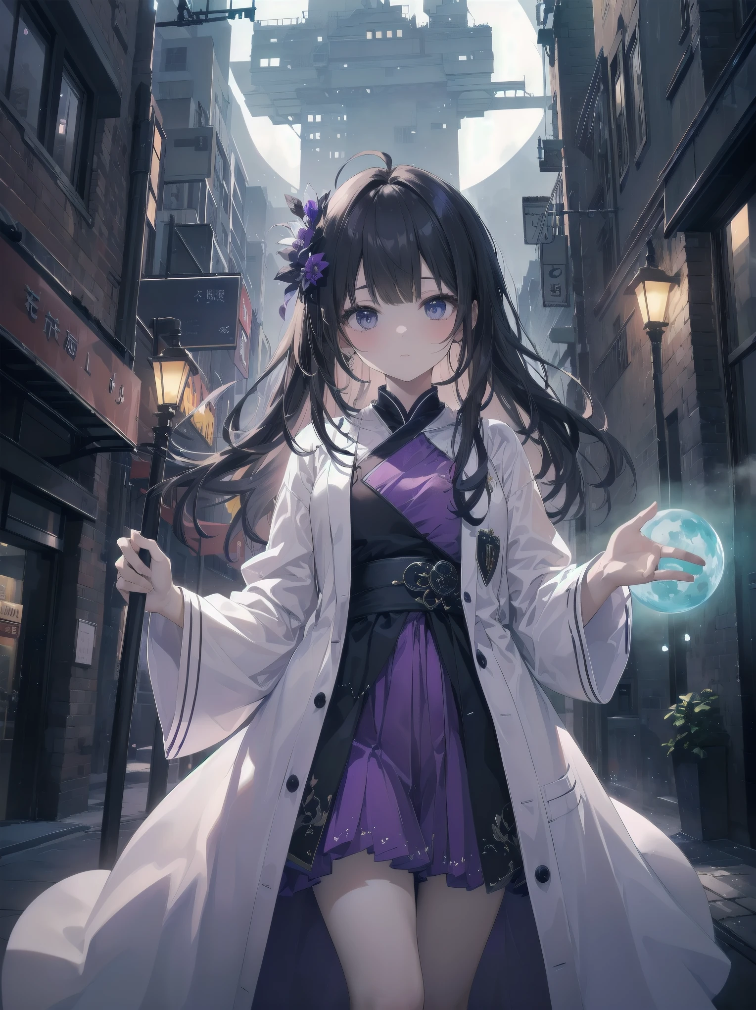 masterpiece, 8k, Highest quality, Very detailed, Purple & A beautiful girl in a blue magical robe with a moon motif、Close-up on the characters、(building, city、A dense fog of fluorescent particles、１８００Era、Western style、Fiction、grow、Overwhelming、Detailed street）、A beautiful girl with a beautiful background and a super cute pose
