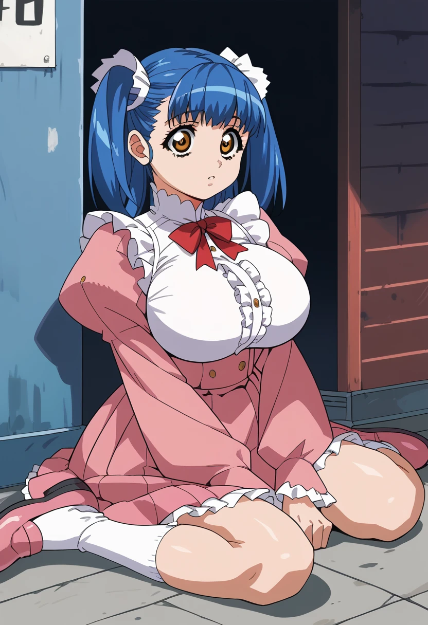 (Tuile(gravion),huge breasts,blue hair,yerrow eyes,twintail,two side up),(white frill,red ribbon,pink skirt,Pink sleeves,Pink Shoes、White socks)