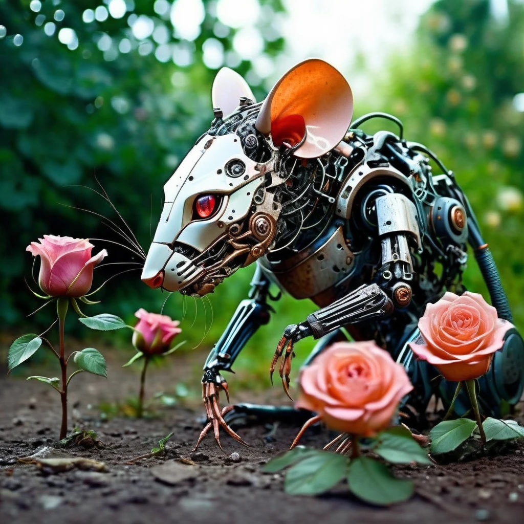 techmai robot rat in the garden with a rose 