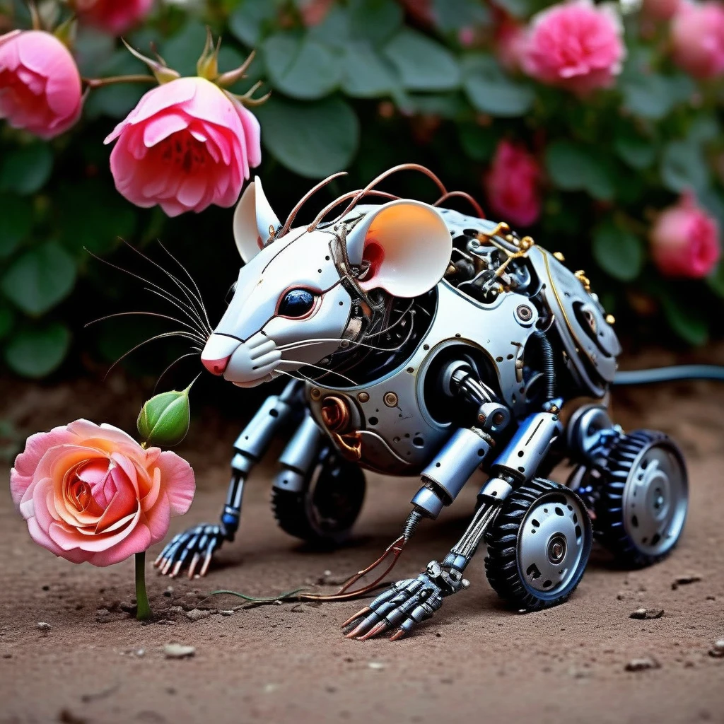 techmai robot rat in the garden with a rose 