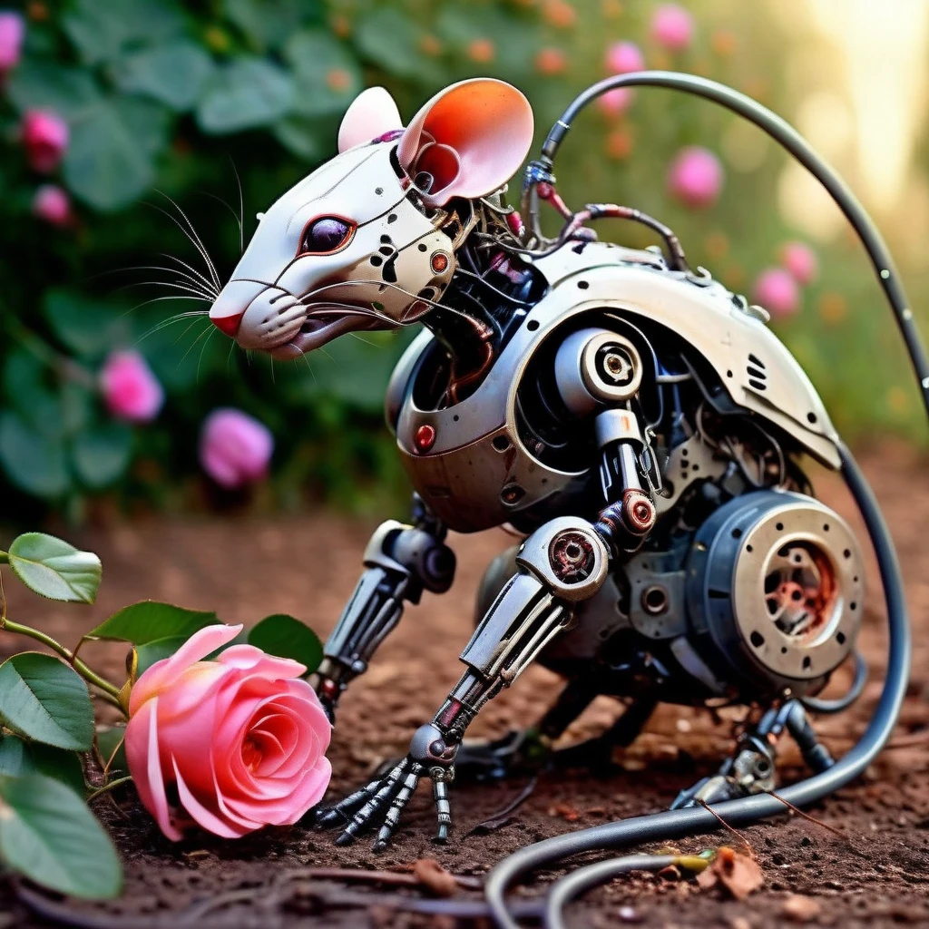 techmai robot rat in the garden with a rose 