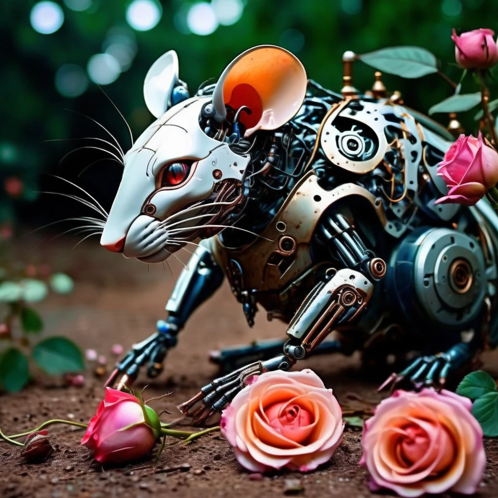 techmai robot rat in the garden with a rose 