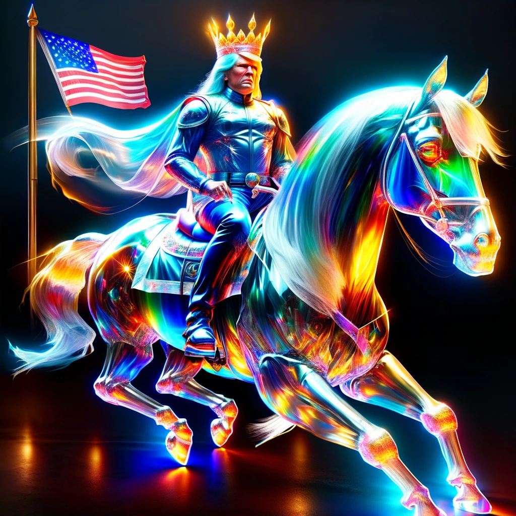 hyper detailed masterpiece, dynamic realistic digital art, incredible quality, doradas, Donald Trump, sitting on horse wearing a crown holding the flag of the United States DonMSp3ctr4lXL