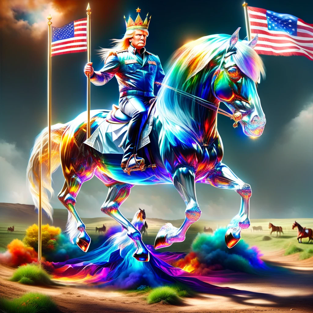 hyper detailed masterpiece, dynamic realistic digital art, incredible quality, doradas, Donald Trump, sitting on horse wearing a crown holding the flag of the United States DonMSp3ctr4lXL