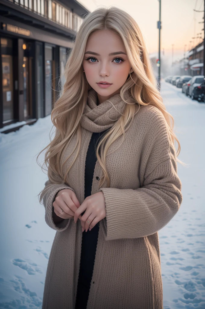 proFessional portrait photograph oF a gorgeous Norwegian girl in winter clothing with long wavy blonde hair, sultry Flirty look, gorgeous symmetrical Face, linda maquiagem natural, wearing elegante warm winter Fashion clothing, ((parado do lado de fora na rua nevada da cidade)), impressionante ambiente urbano moderno, ultra realistic, arte conceitual, elegante, Altamente detalhado, intricado, sharp Focus, depth oF Field, F/1. 8, 85mm, tiro médio, meio do tiro, (((proFessionally color graded))), bright soFt diFFused light, (volumetric Fog), tendências no instagram, hd 4k, 8K