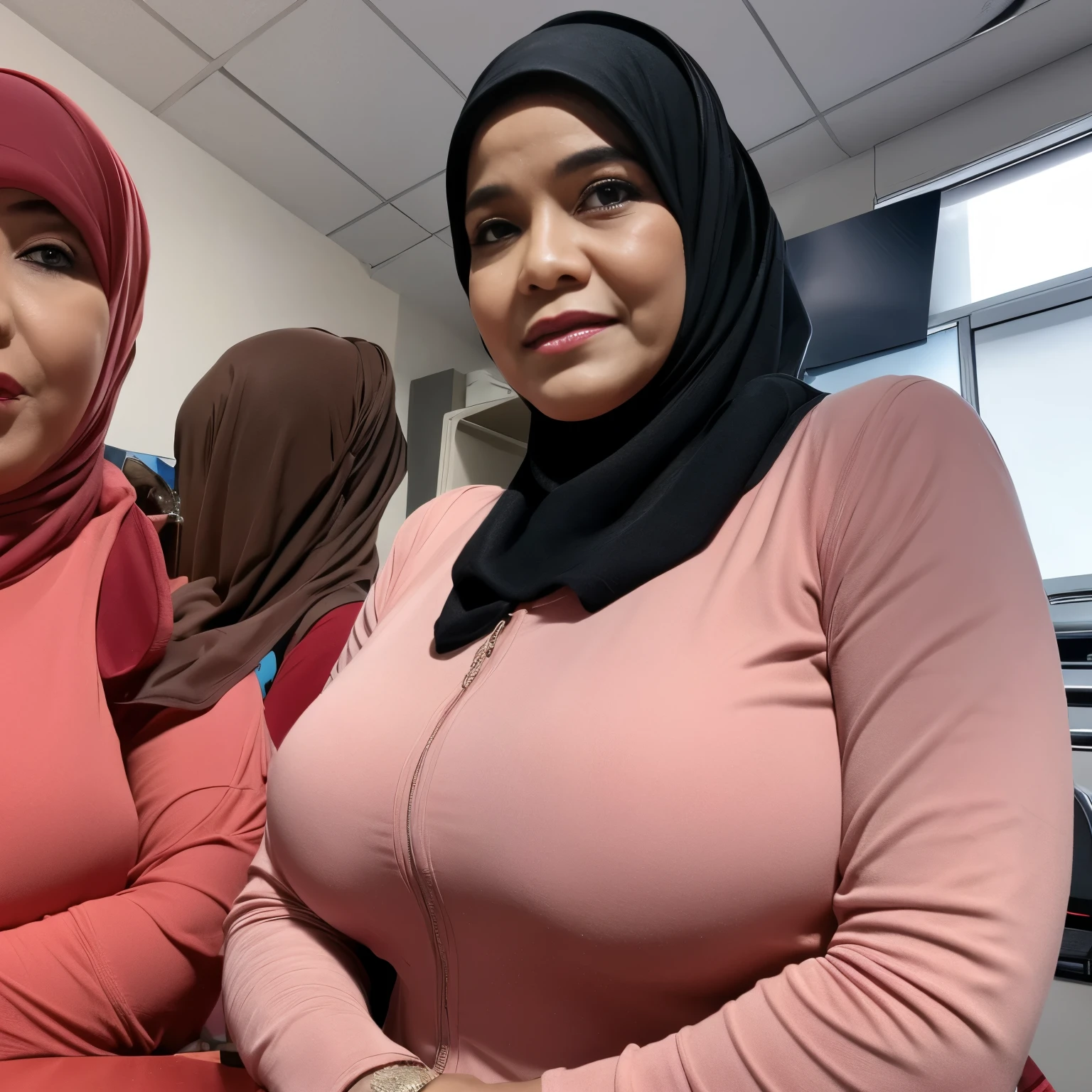 (HIJAB), 56 years Old, Indonesian mature woman, Big : 43.9, Gamis, breast about To burst out from her clothes, at doctor office, Dark light, at Nighttime, wearing lingerie