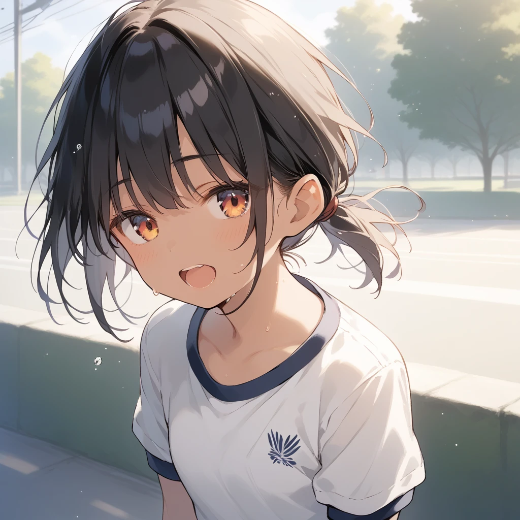 score_9, score_8_up, score_7_up, source_anime, best quality, masterpiece, official art, absurdres, highres, ultra-detailed,waifu2x,Collection: Slice of Life,break,1girl, tomboy, dark-skinned female, short hair, low ponytail, flat chest, beautiful detailed eyes, gym uniform, bike shorts, sweat, open mouth, (yawn:0.3), sleepily, outdoors, park, wind,break,(clear line illustration:1.2), super detailed skin,very high resolution, very aesthetic, Best sexual lighting powered by famous artist, 8k,cute picture,beauty illustration,photoshop_(medium),,(Detailed Lighting),best anime 8k konachan wallpaper, pixiv contest winner,
