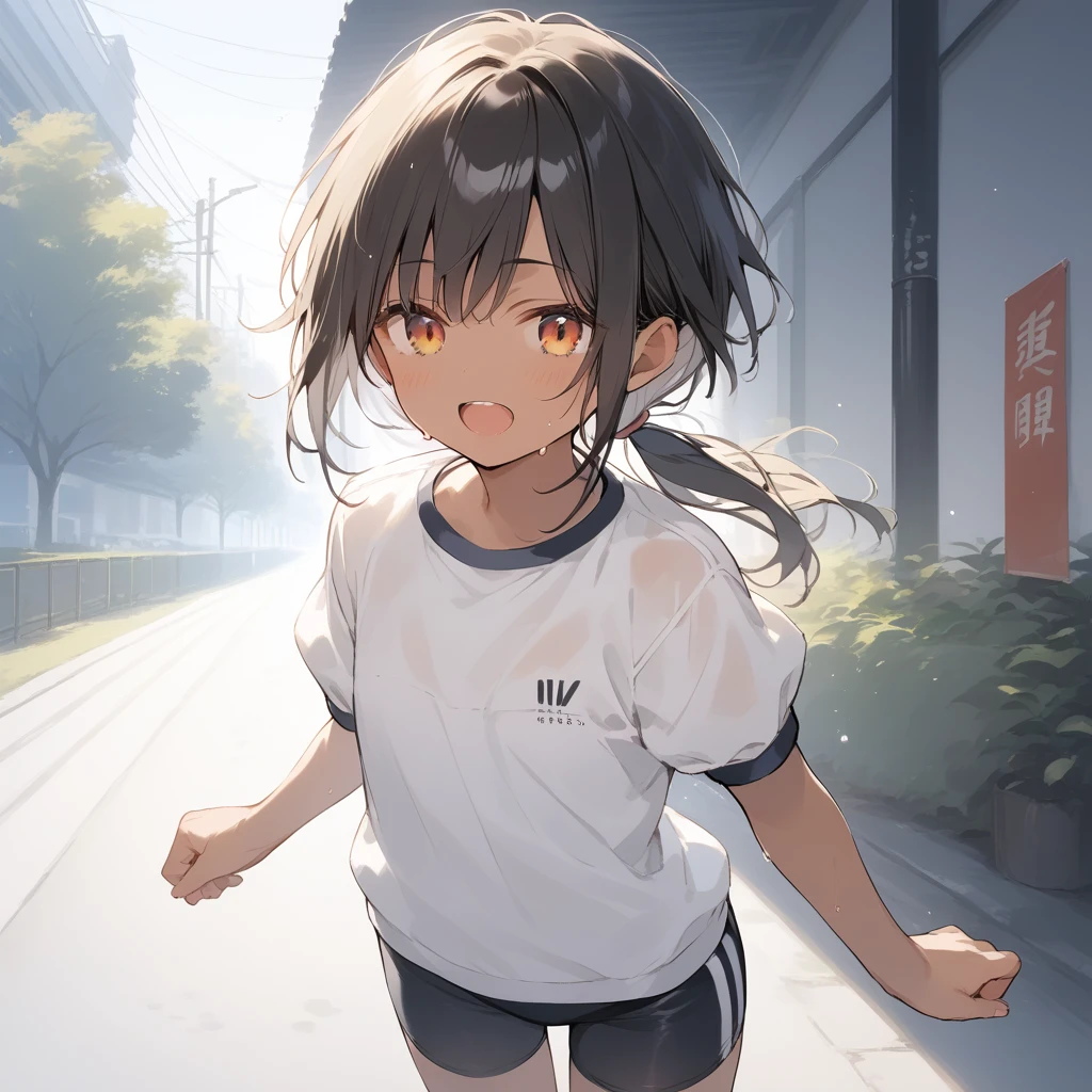 score_9, score_8_up, score_7_up, source_anime, best quality, masterpiece, official art, absurdres, highres, ultra-detailed,waifu2x,Collection: Slice of Life,break,1girl, tomboy, dark-skinned female, short hair, low ponytail, flat chest, beautiful detailed eyes, gym uniform, bike shorts, sweat, open mouth, (yawn:0.3), sleepily, outdoors, park, wind,break,(clear line illustration:1.2), super detailed skin,very high resolution, very aesthetic, Best sexual lighting powered by famous artist, 8k,cute picture,beauty illustration,photoshop_(medium),,(Detailed Lighting),best anime 8k konachan wallpaper, pixiv contest winner,
