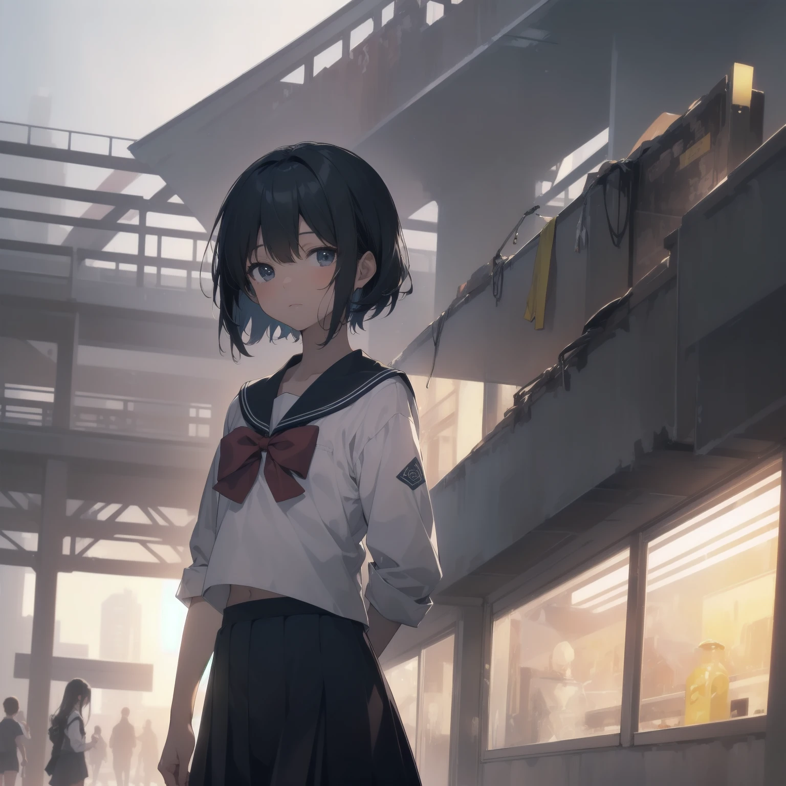 ultra-absurdres-Top quality by artist God, ultra-detailed, high resolution, anime moe artstyle, best anime 8k konachan wallpaper, pixiv contest winner, pool:2810, perfect anatomy,break, 1girl, (Please draw a girl walking sleepily to school alone. )break,(Solo,little female, 13-year-old:1.3),Full limbs, complete fingers,a junior high school student, (very short hair), short cut, flat chest, , small butt, small black eyes, beautiful detailed eyes, well-proportioned iris and pupils, expressive eyes, highres detailed hair, soft expression, salor school_uniform, sailor collar, serahuku, bow, pleated skirt,(Detailed Lighting), (Detailed background), in the School commute route. break,super detailed skin, Best cinematic lighting powered by famous artist, 8k,beauty illustration,photoshop_(medium),very aesthetic,break,((artist:kotorai )), artist:clamp ,artist:carnelian ,artist:kantoku ,
