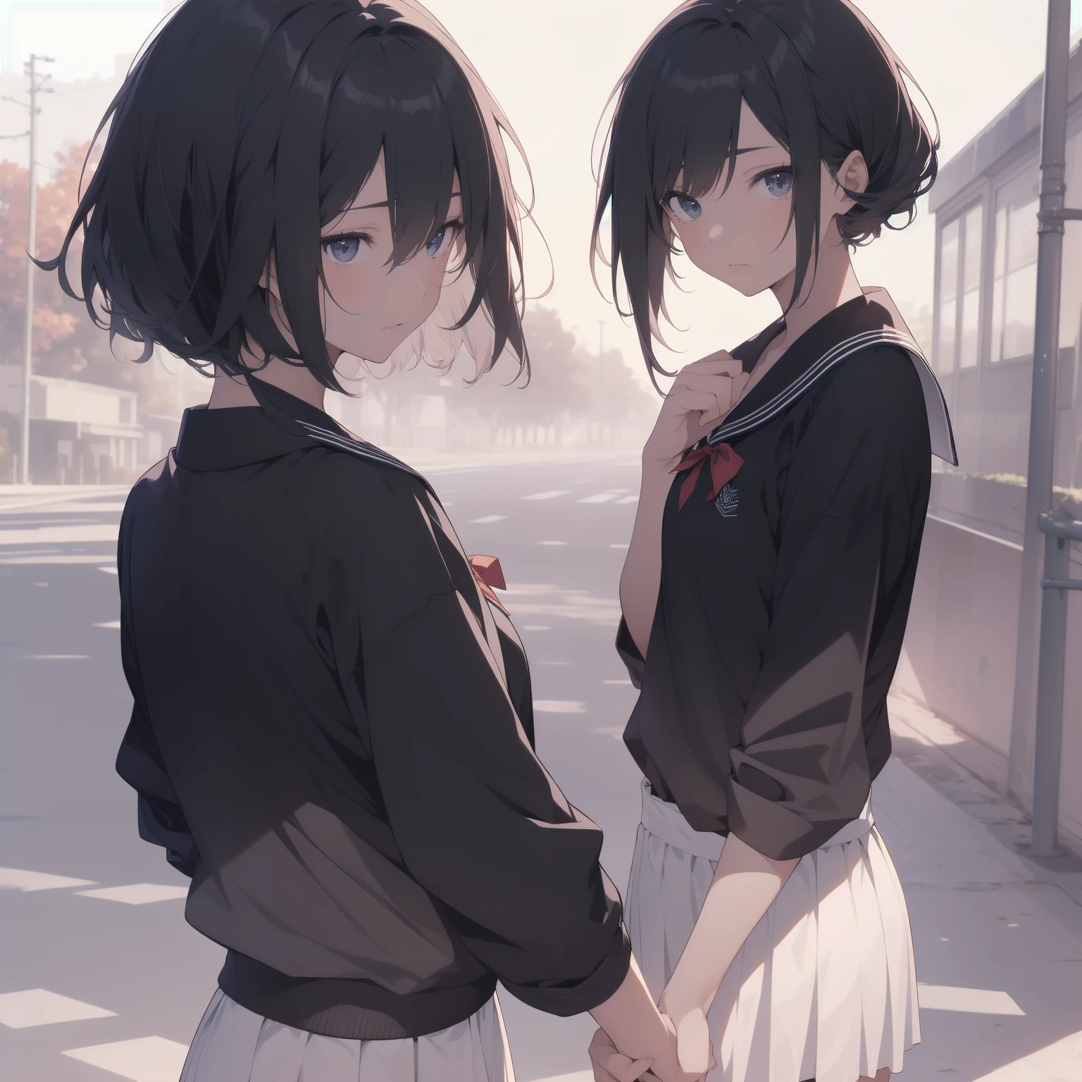 ultra-absurdres-Top quality by artist God, ultra-detailed, high resolution, anime moe artstyle, best anime 8k konachan wallpaper, pixiv contest winner, pool:2810, perfect anatomy,break, 1girl, (Please draw a girl walking sleepily to school alone. )break,(Solo,little female, 13-year-old:1.3),Full limbs, complete fingers,a junior high school student, (very short hair), short cut, flat chest, , small butt, small black eyes, beautiful detailed eyes, well-proportioned iris and pupils, expressive eyes, highres detailed hair, soft expression, salor school_uniform, sailor collar, serahuku, bow, pleated skirt,(Detailed Lighting), (Detailed background), in the School commute route. break,super detailed skin, Best cinematic lighting powered by famous artist, 8k,beauty illustration,photoshop_(medium),very aesthetic,break,((artist:kotorai )), artist:clamp ,artist:carnelian ,artist:kantoku ,
