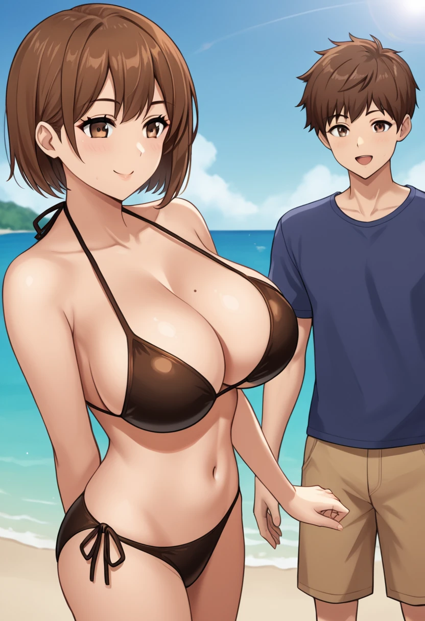 best quality, source_anime, 1girl, brown hair, brown eyes, short hair, big breasts, bikini, cleavage, standing, nsfw, 1boy, faceless male, netorare, side by side, cowboy shot