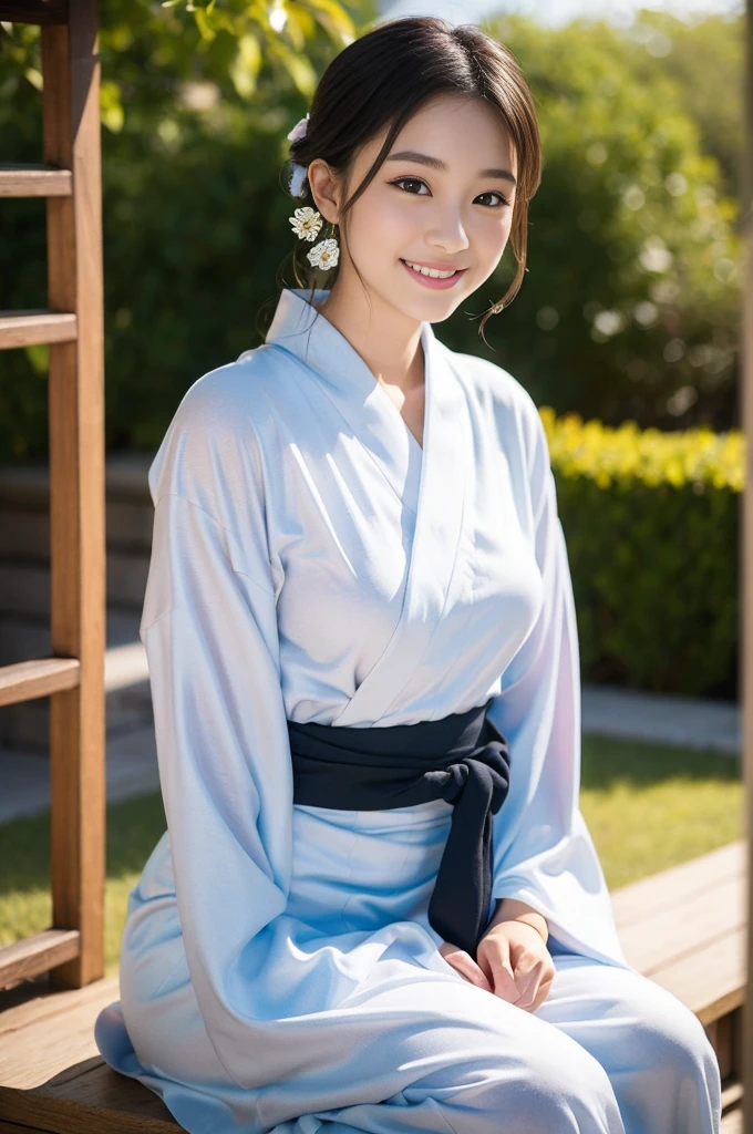 Pure young Japanese yukata girl, wearing traditional yukata, natural black hair styles, natural makeup, thick eyebrows, sweet smile, sitting, sexual attractive, refreshing in summer morning, professional portrait photography,