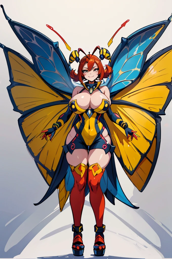 (masterpiece, best quality, high resolution, (pokemon style) ((huge breasts))1 woman, villainess,, yellow and red queen bee body, bee wings, stingers, bee antennae, bee collar, bee eyes, evil smile, ((white background,)), ((full body standing)),