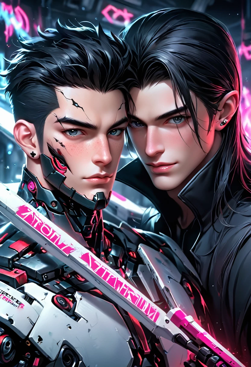 2 guys ethereal demonic 25 year old anime guy male druids, with metallic long pale blond hair, delicate masterpieceintimate delicate etched glowing neon tattoos, Fabulous full view painting of a winking beautiful and gorgeous elf ((male)) almostkissing, perfect face, blue/black pastel eyes, long white/black wisp hair, freckles, piercings and tattoo foil print neonbody art, laboratory experiment, perfect anatomy, centered, almost perfect, dynamic, very detailed, glowing, artstation, concept art, soft and sharp focus, art by Carne Griffiths and Wadim Kashin, airbrush graffiti techniques, high-definition accent lighting, epic, elven atmosphere, contrasted with vibrant paint colors., futuristic cyborg in the year 2950,