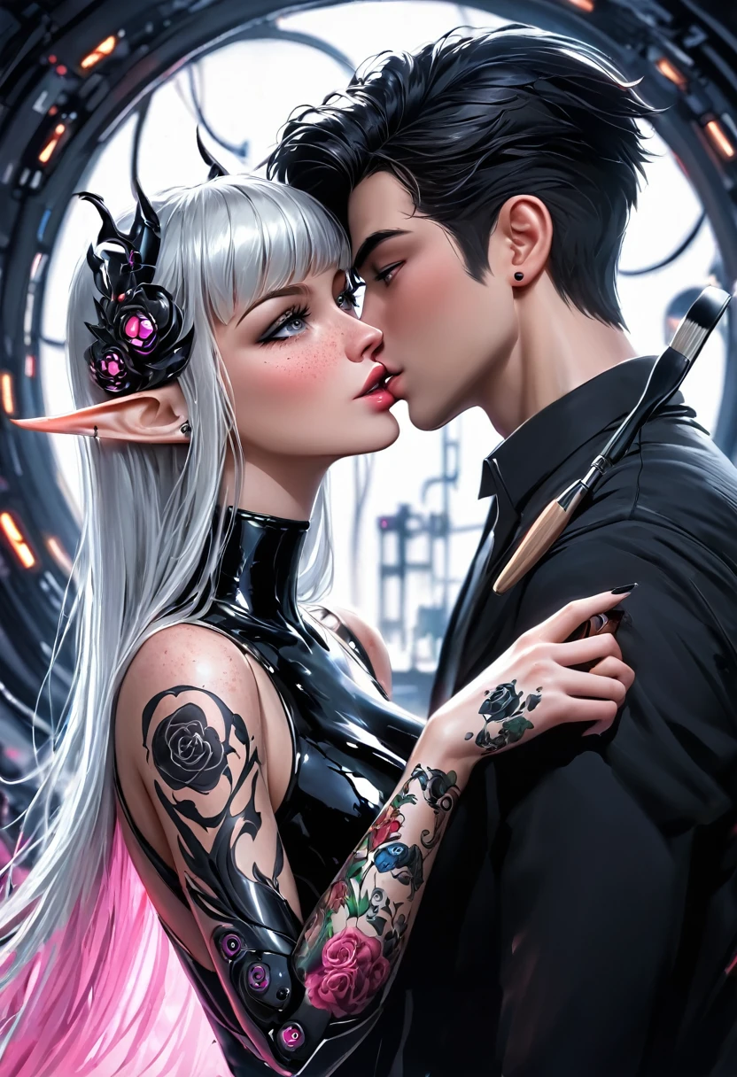 beautiful illustration, ultra-detailed, detailed,neon, niji, couple, chains, fist, girl blonde hair, latex rabbit ears, pink neon colors, man and woman couple