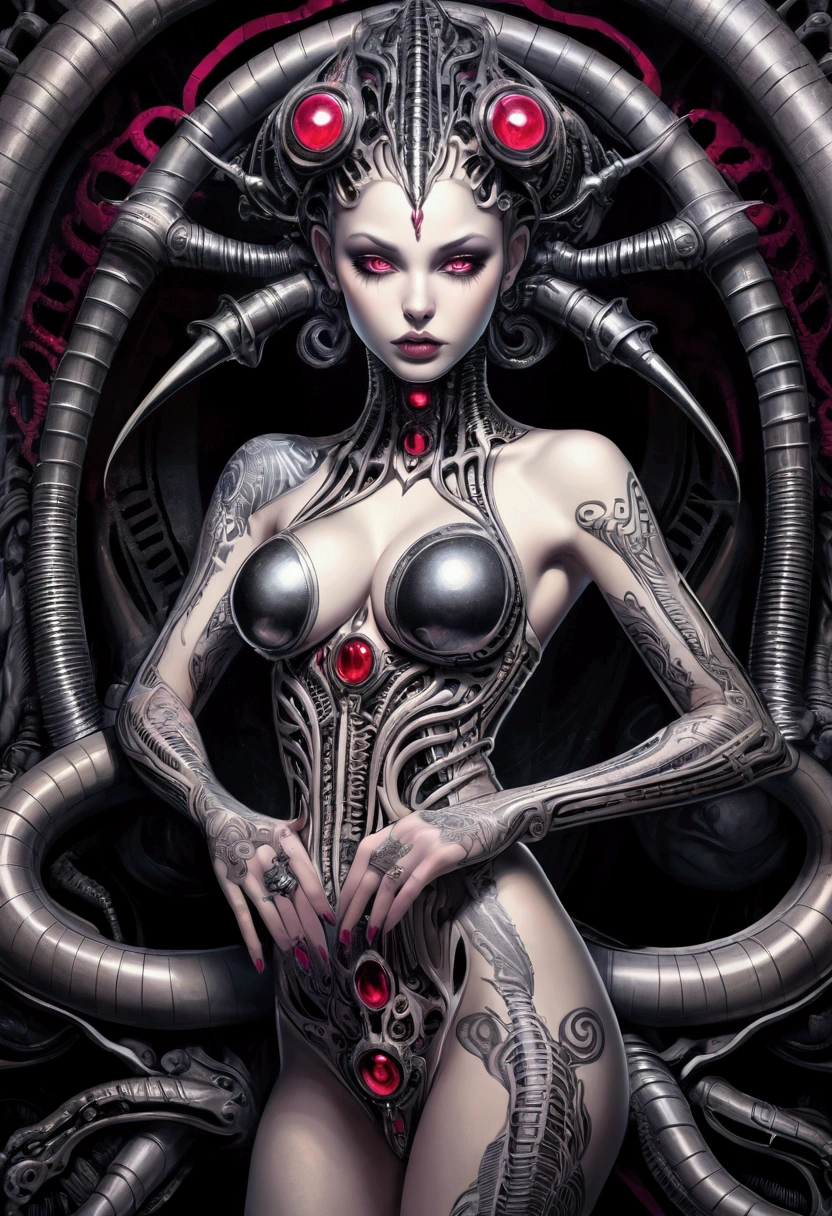 Stunningly gorgeous beautiful perfect hr giger tattooed sexy seductive demonic girl, perfect face, hyper detailed vibranteyes, large breasts, full body view, nude, neon ruby,