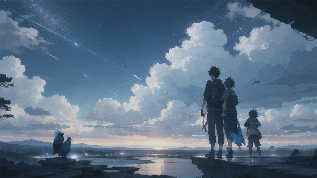 真っ暗なnight空,Octane, star (null), scenery, Blue parakeet,star, night, A girl and a boy back to back, sit,Back view,Outdoor, city,Blue parakeet,building, cloud, 天のriver,silhouette