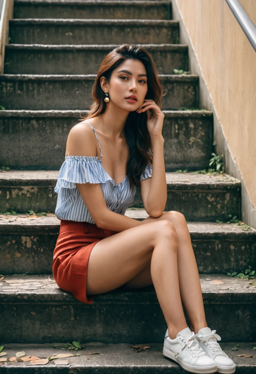 A very pretty lady sitting on a set of stairs, hyperrealism, photorealistic, 8k, analog photography --ar 9:16 --niji 5 --style expressive --s 400