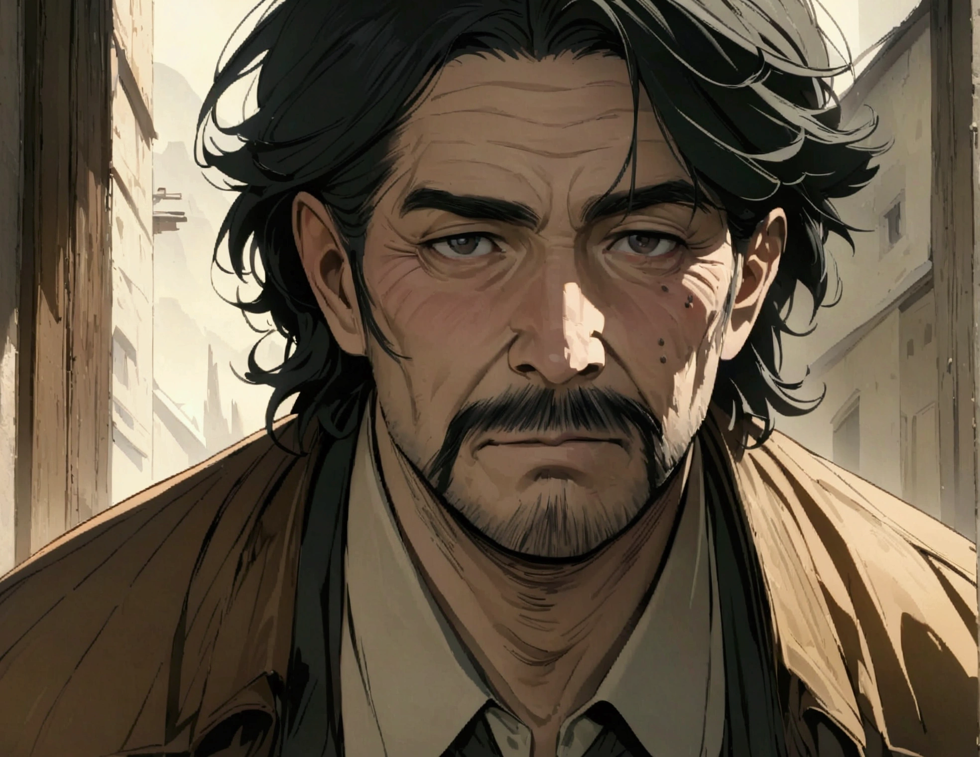 A middle aged man with medium length black hair, a wart under the eye, and facial hair, em um tiro de cowboy, conceptual artwork, In art, anime styling, masterpiece quality, accurate detail, 1080P, 4K