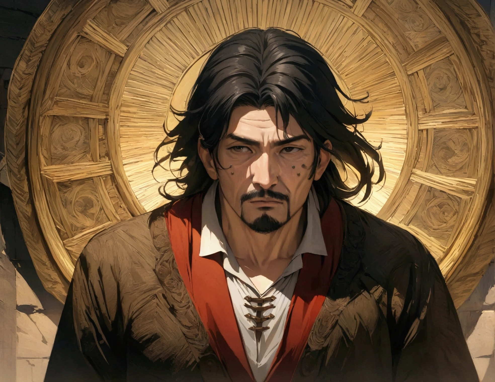 A middle aged man with medium length black hair, a wart under the eye, and facial hair, em um tiro de cowboy, conceptual artwork, In art, anime styling, masterpiece quality, accurate detail, 1080P, 4K