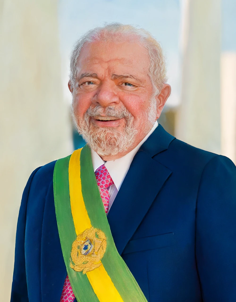 a portrait of Brazilian President Luiz Inácio Lula da Silva waving goodbye, highly detailed, photorealistic, 8k, dramatic lighting, warm color tones, expressive facial features, elegant suit, confident pose, seamless background transition