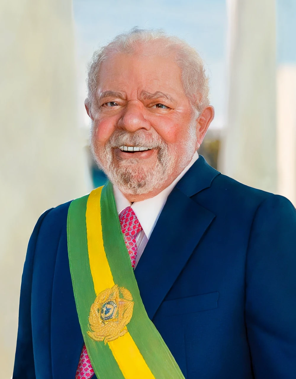 a portrait of Brazilian President Luiz Inácio Lula da Silva waving goodbye, highly detailed, photorealistic, 8k, dramatic lighting, warm color tones, expressive facial features, elegant suit, confident pose, seamless background transition