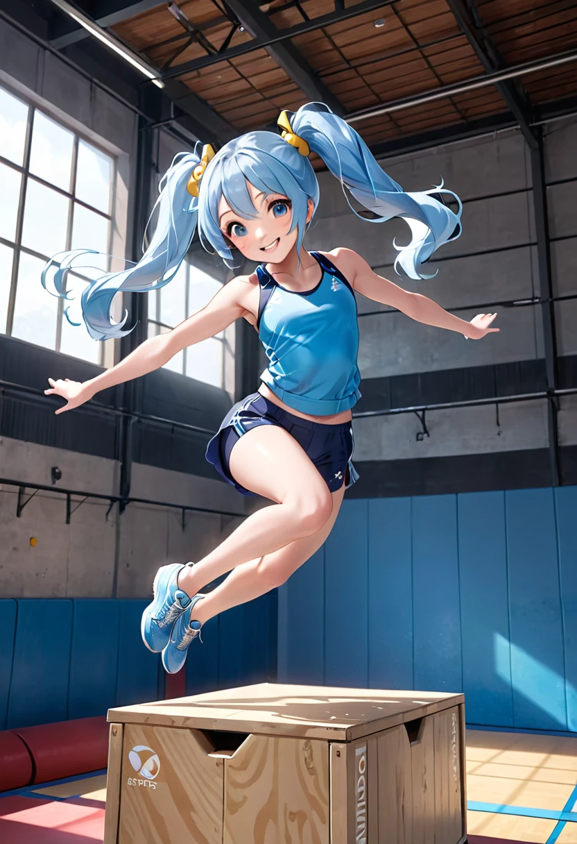 A beautiful girl with long light blue hair and twin tails, Wear gym clothes, Jumping on a vaulting box. Bright smile