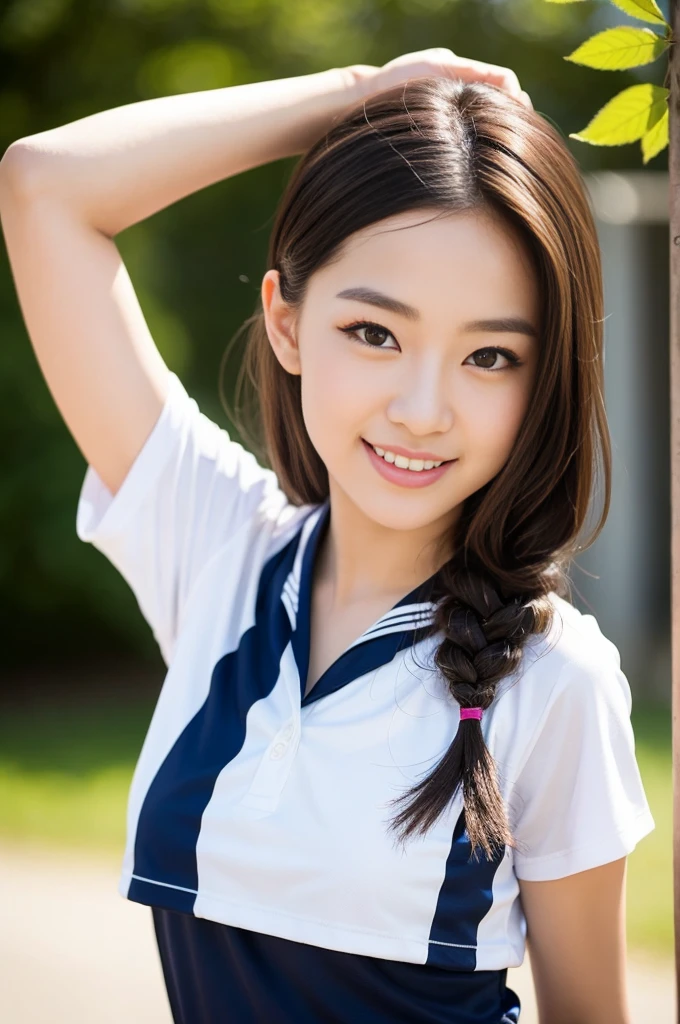 Pure young Japanese cheerleader girl, wearing summer uniforms, natural hair styles, impressive big brown eyes, no makeup, thick eyebrows, pure smile, refreshing in summer sunlight, feeling soft breeze in hair, sexual attractive, professional portrait photography,