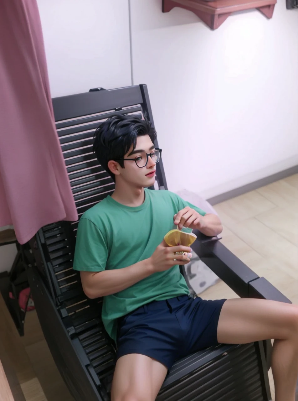 best quality, 1boy, solo, cartoon portrait , simple background, short hair, pink lips, black hair, black shirt, black glasses