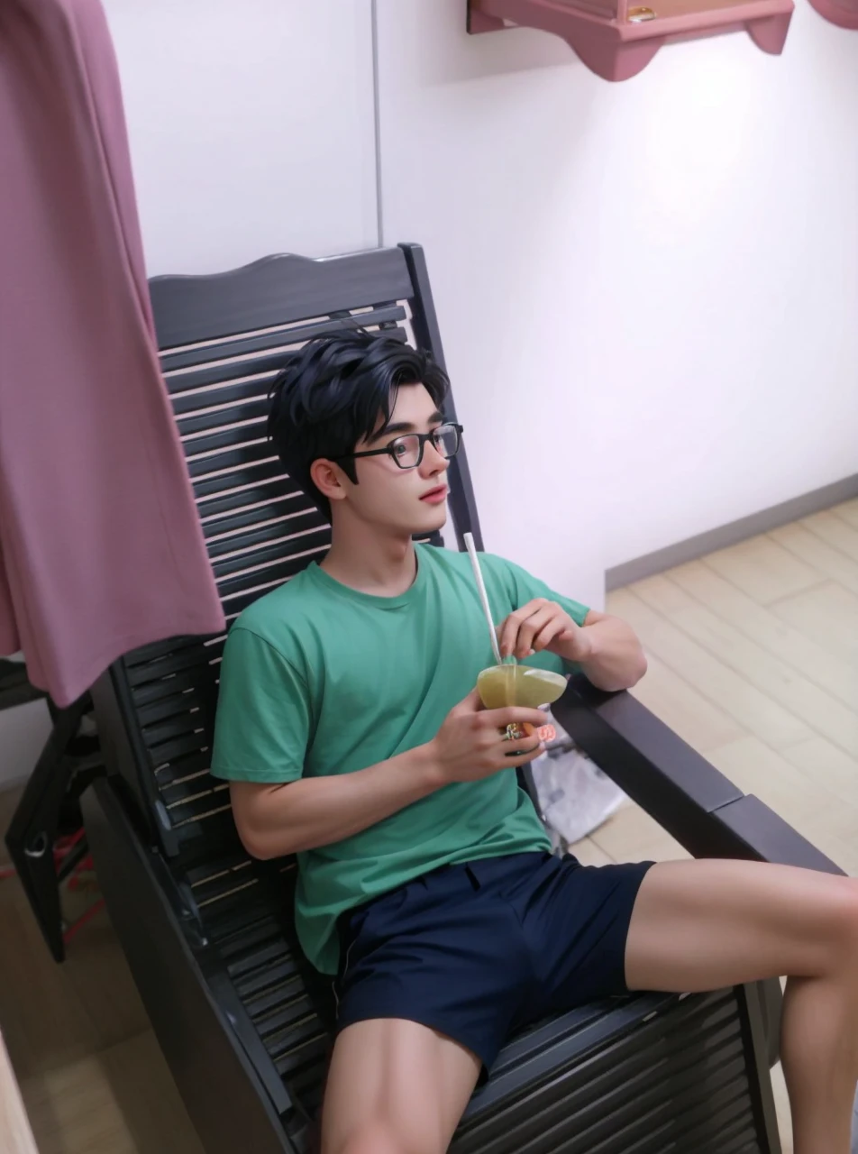 best quality, 1boy, solo, cartoon portrait , simple background, short hair, pink lips, black hair, black shirt, black glasses