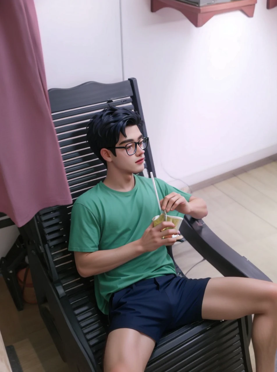 best quality, 1boy, solo, cartoon portrait , simple background, short hair, pink lips, black hair, black shirt, black glasses