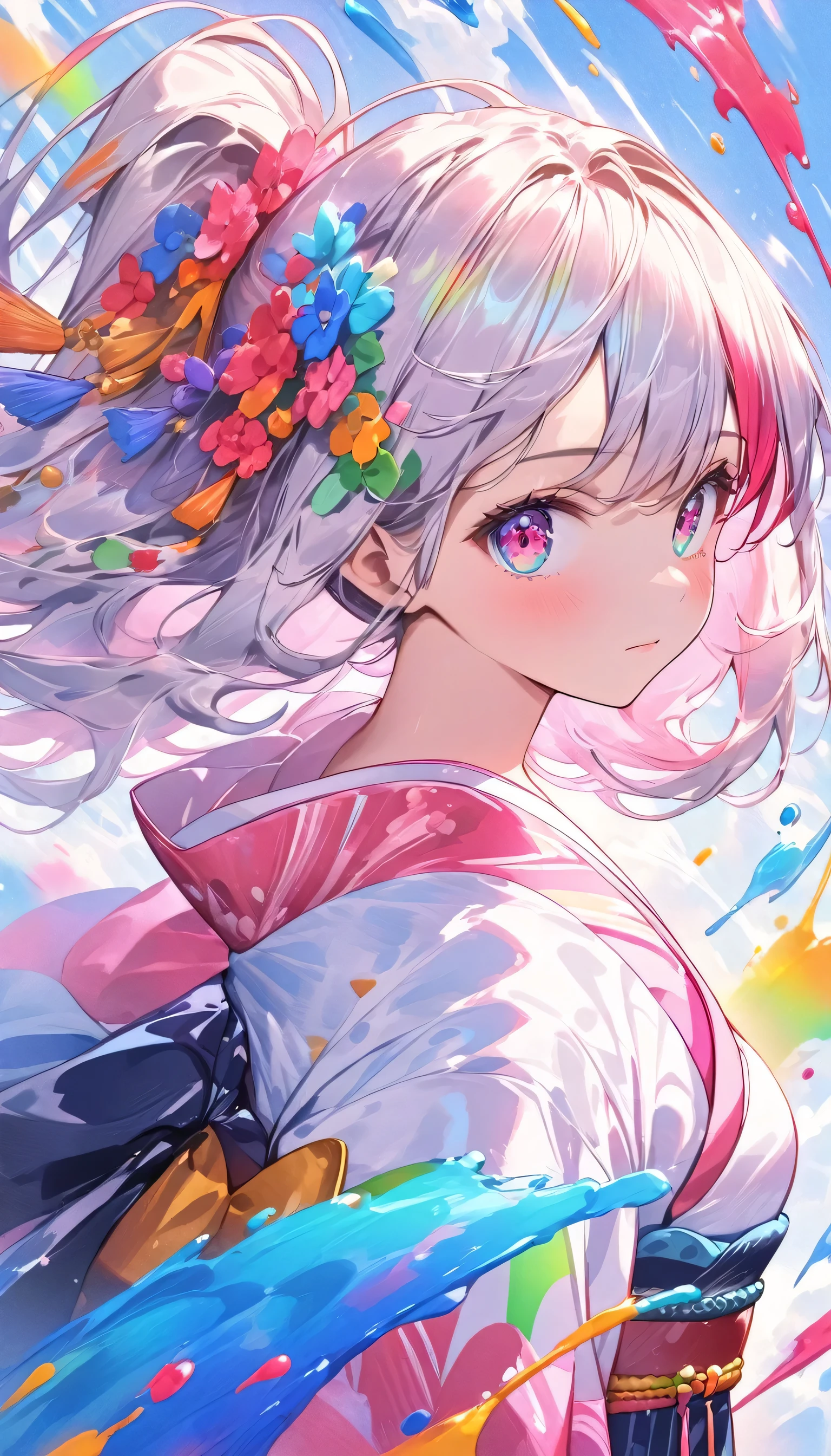(Pink fashion T-Camisa,:1.9),(Colorful hair:1.8),(Rainbow all colors:1.8),((((Vertical painting:1.6))),(painterly:1.6),front side,comic,illustration,painterly,with big eyes,Crystal clear,(Iridescent gradient high ponytail:1.7),elaborate makeup,closed Mouth,(Small fresh:1.5),long lashes,White shoulder T- Camisa,, White Shoulder Shirt,looking at the viewers,watery big eyes,(rainbow color Hair:1.6), Color Splash, (solo:1.8), Color Splash, Color explosion, Color Splash, Color explosion, Thick lacquer style,Messy lines,((Shiny,)) ,(colorful,,), Thick Paint Style, (Splash) (Color Splash), Vertical Painting, upper body, Paint Splash, Acrylic Pigment, Gradient, Paint, Highest Image Quality, the highest picture quality, Masterpiece, Solo, depth offield, Face Paint, colorful clothes, (elegence: 1.2), Ornate, long haired, aeolian, (elegence: 1.3), (petaled: 1.4),(((master masterpiece))),(((the best quality t))),((ultra Detailed)),(illustartion),(Dynamic Angle),((floating)),(painti),((Loose hair)),(solo),(1girl) , (( (Detailed anima face))),((Beautiful detailed face)),collars,Shoulders exposed,White Hair,((colourfel hair)),((streaked hair)),Beautiful detailed eyes,(Gradient eyes),(( (color eyes))),(((colorfully background))),(((high satur))),(((Surrounded by colorful splashes))),(Hanfu), full body portrait