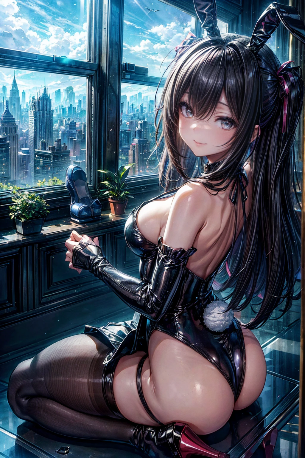 Highest quality、、(Bunny girl)、Plain black stockings、High heels、Black enamel bunny suit、Show Viewer、Angle from behind、W sitting、smile、Futuristic Living Room、indirect lighting、Room with houseplants、From the window you can see the valley between the city&#39;s buildings、Night view、Silver short hair、Beautiful Eyes、Beautiful Face、Delicate eyes

