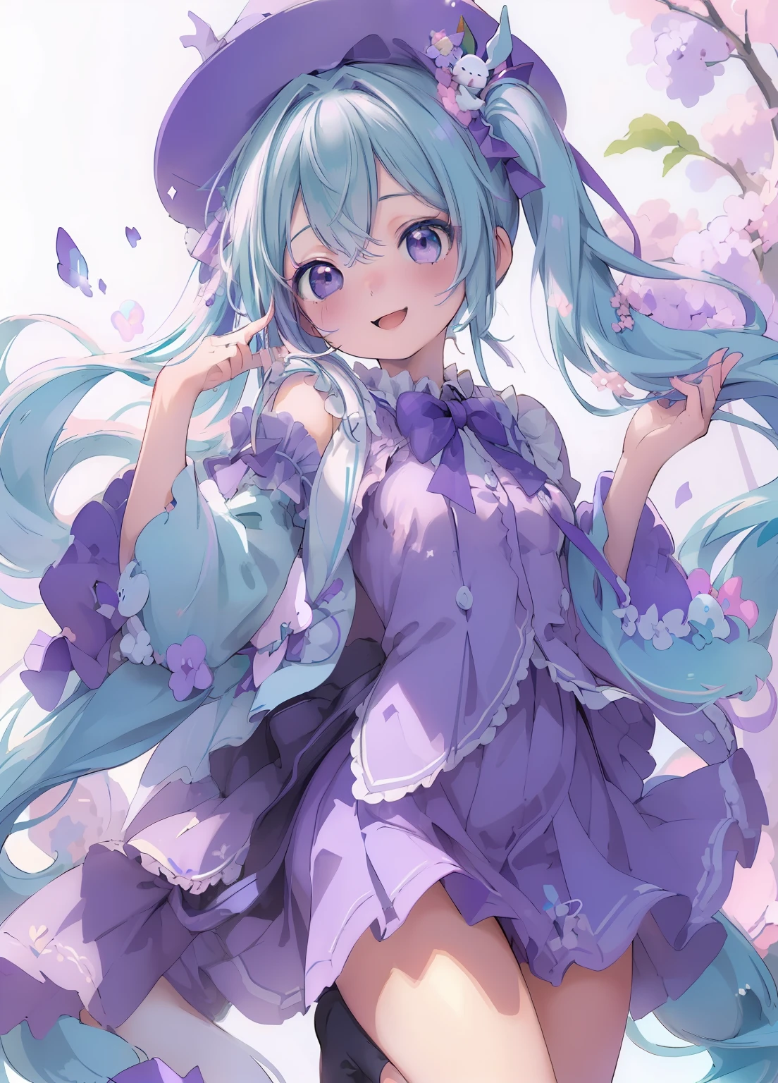 (masterpiece、Highest quality、Highest quality、Official Art、Beautiful and beautiful:1.2)、(One girl:1.3)Hatsune Miku、Twin tails,Beautiful breasts,Highest quality、One Girl、Whole Body Ezbian、Baby Face、Laughing with your mouth open、Cool、Cute eyes、Bunny ears、Purple Wizard Clothes、huge 、purple wizard hat、flare skirt